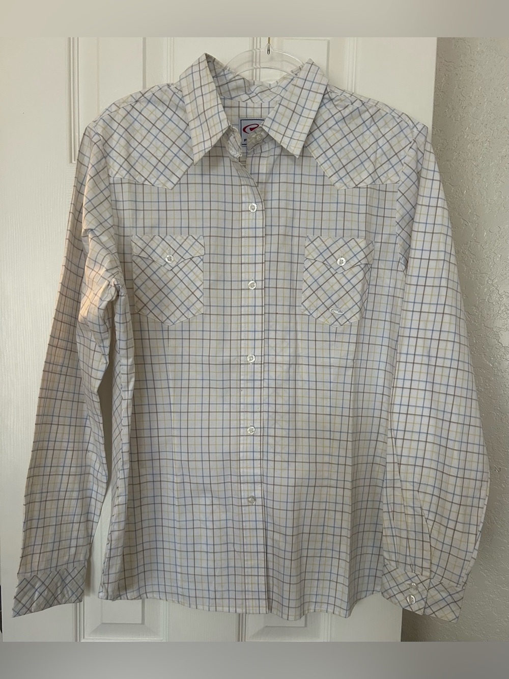 Roper White Button-Down Plaid Shirt with Blue and Tan Lines